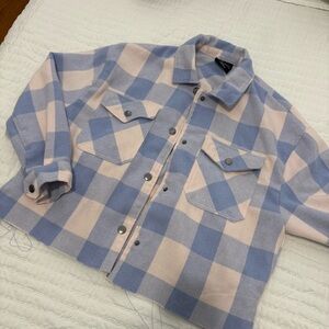 Blue and white Plaid cropped Button-Up Jacket